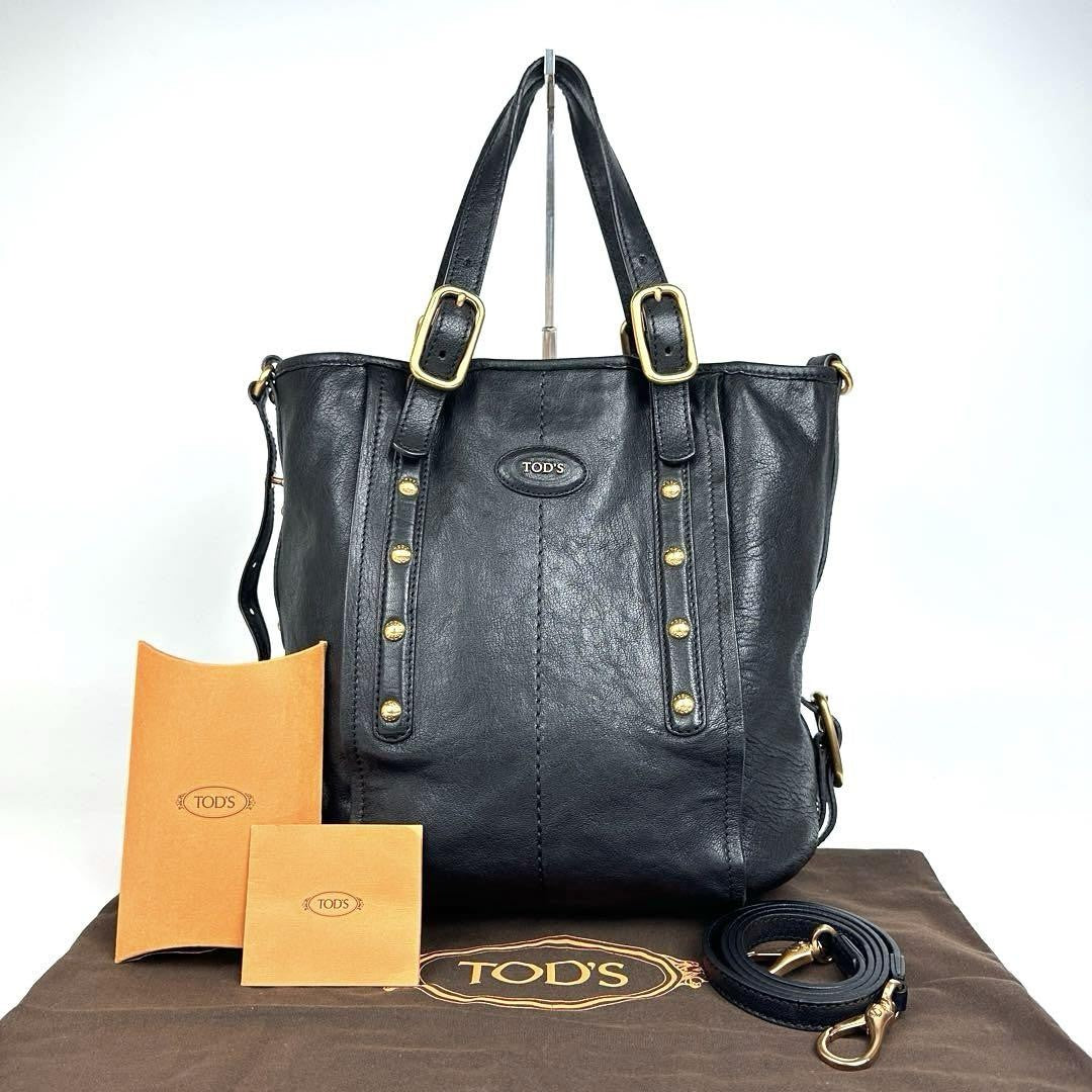 TOD'S Hand Shoulder Bag Tote Purse 2way Logo Leather Black Authentic