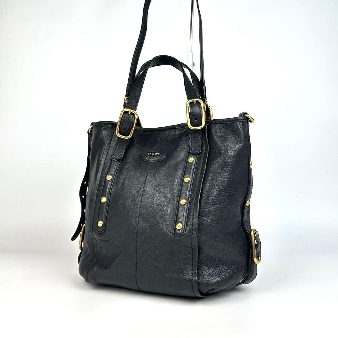 TOD'S Hand Shoulder Bag Tote Purse 2way Logo Leather Black Authentic