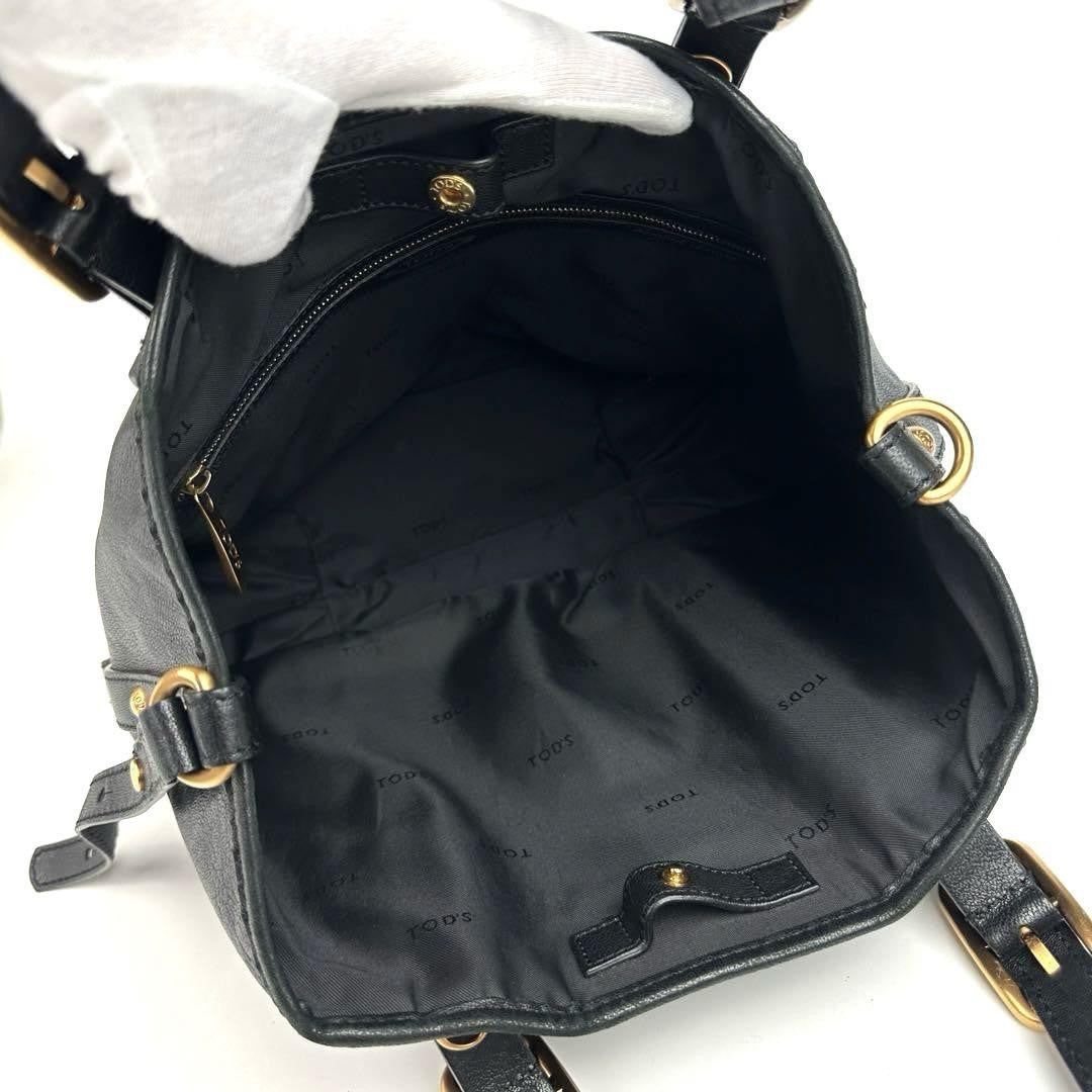 TOD'S Hand Shoulder Bag Tote Purse 2way Logo Leather Black Authentic