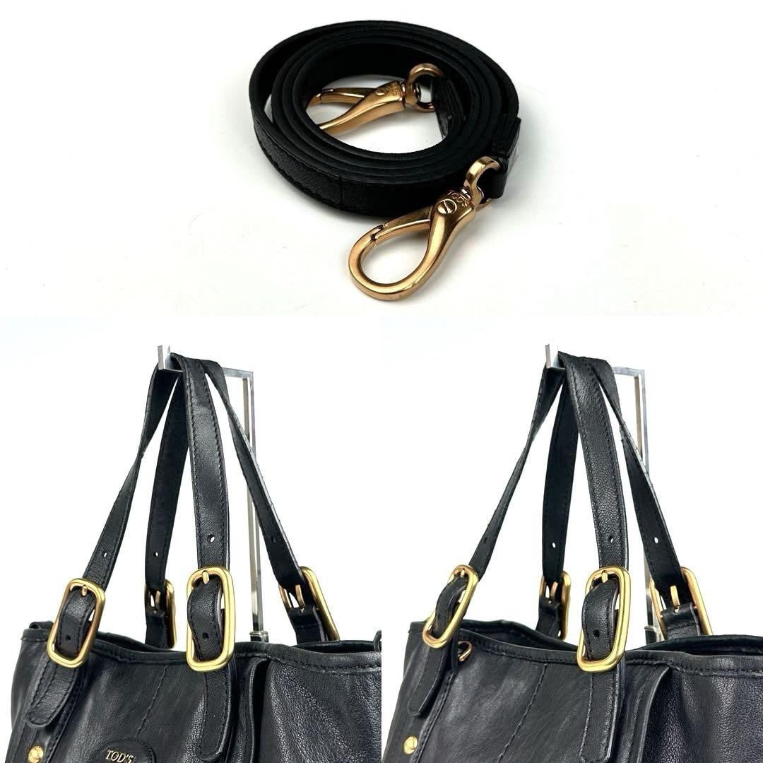 TOD'S Hand Shoulder Bag Tote Purse 2way Logo Leather Black Authentic