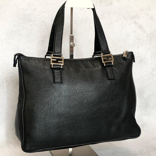 FENDI Bag FF Hand Tote Purse Leather Black Silver Women's Used Authentic