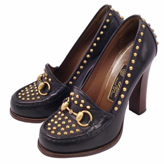 GUCCI Shoes Pumps Heel Studs EU 37.5 US 7.5 Leather Black Authentic