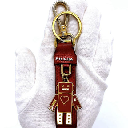 PRADA Key Ring Keychain Bag Charm Robot Leather Red Authentic