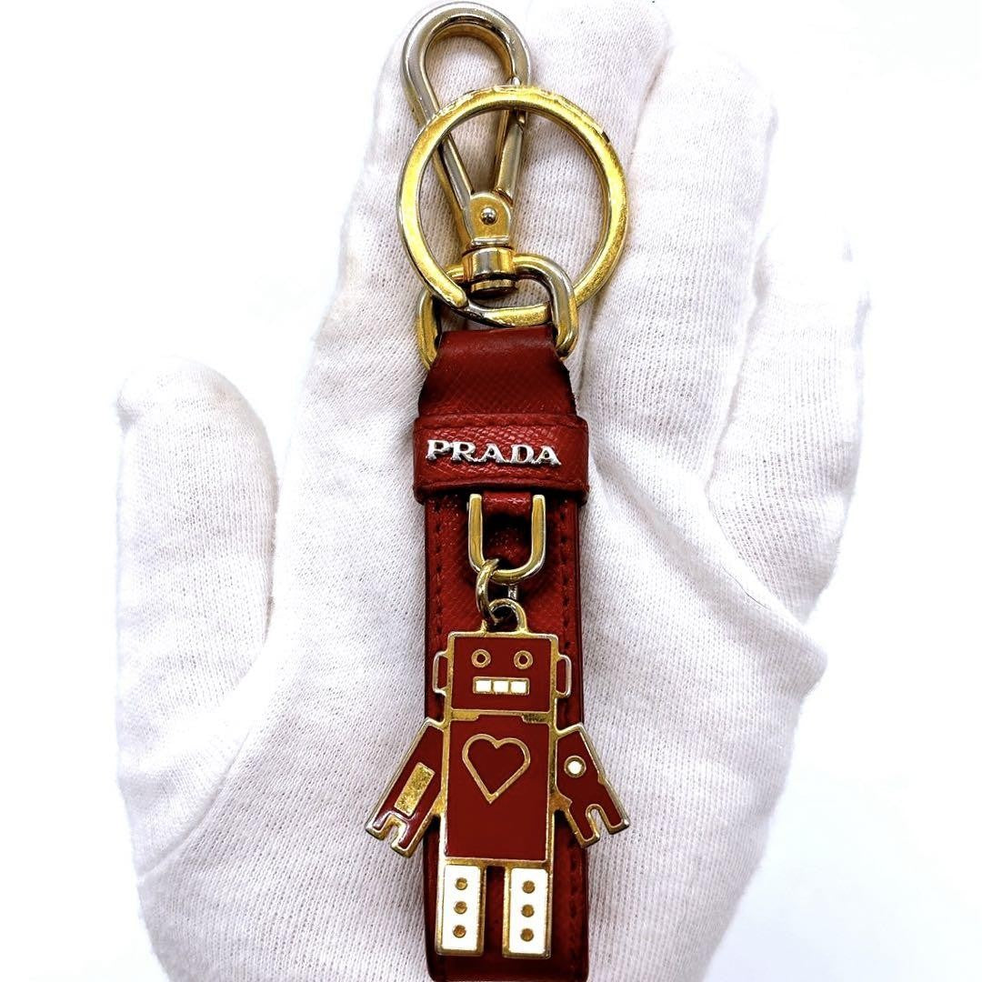 PRADA Key Ring Keychain Bag Charm Robot Leather Red Authentic