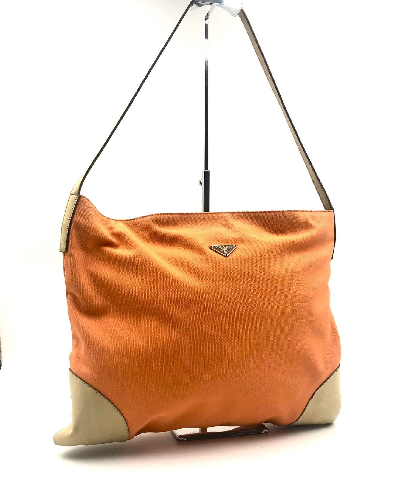 PRADA Shoulder Bag Purse Logo Canvas Leather Orange Beige Authentic