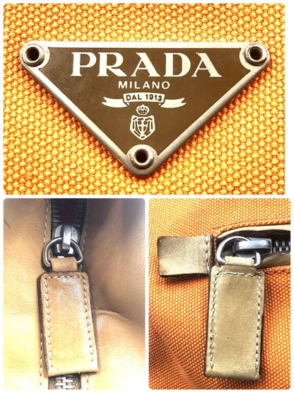 PRADA Shoulder Bag Purse Logo Canvas Leather Orange Beige Authentic