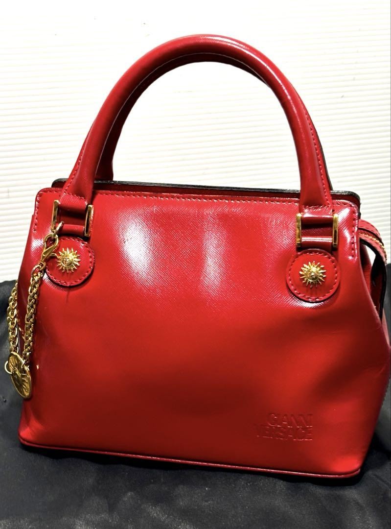 VERSACE Mini Hand Bag Tote Purse Sunburst Leather Red Authentic