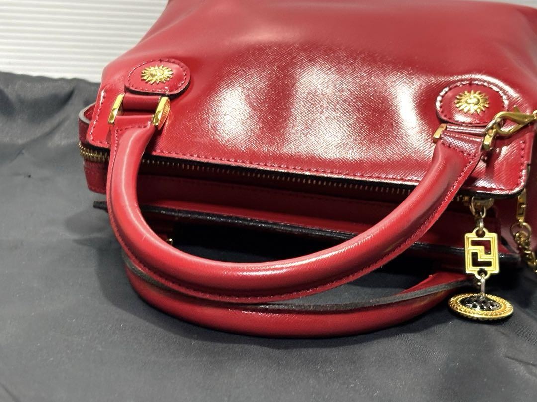 VERSACE Mini Hand Bag Tote Purse Sunburst Leather Red Authentic