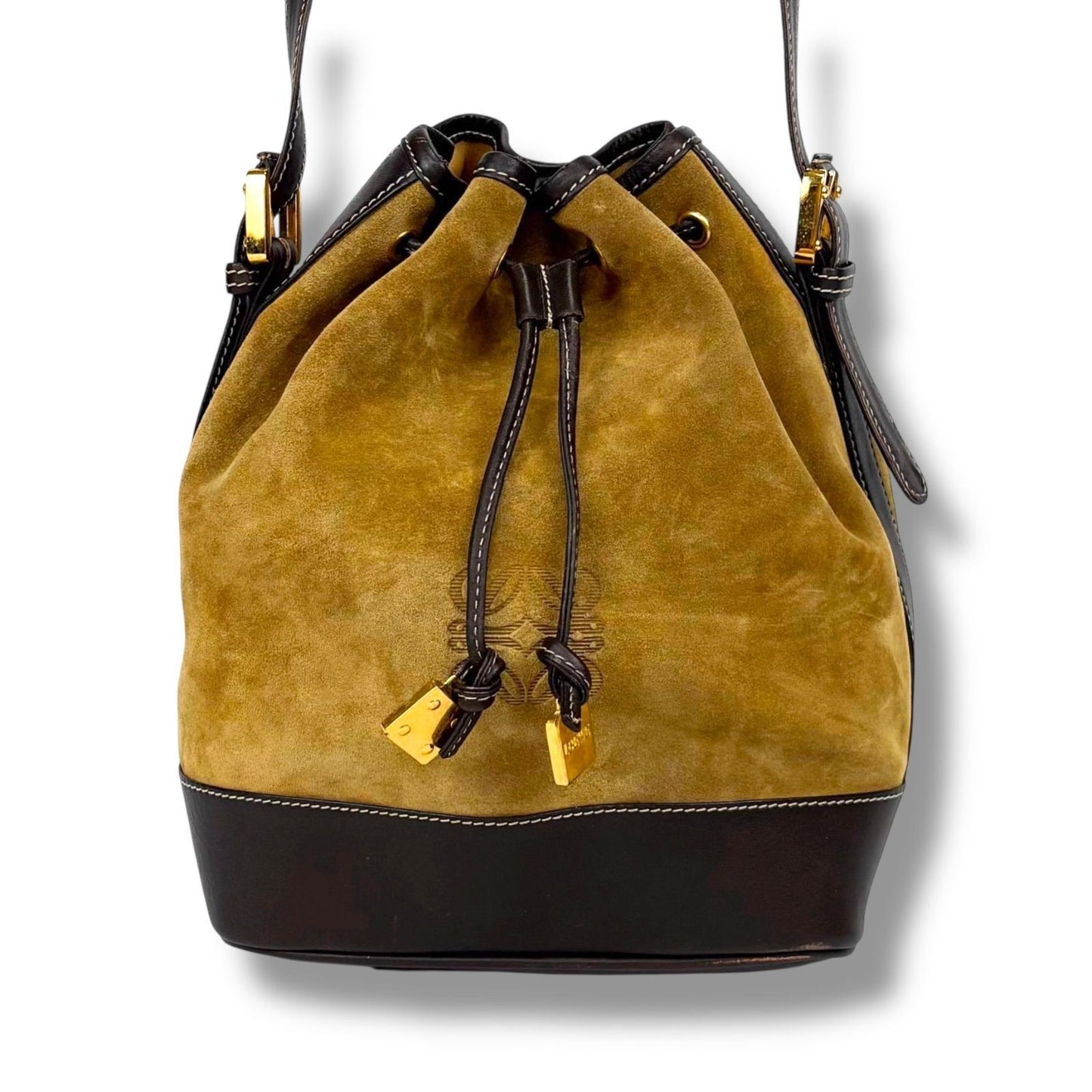 LOEWE Shoulder Bag Purse Anagram Suede Leather Beige Brown Authentic