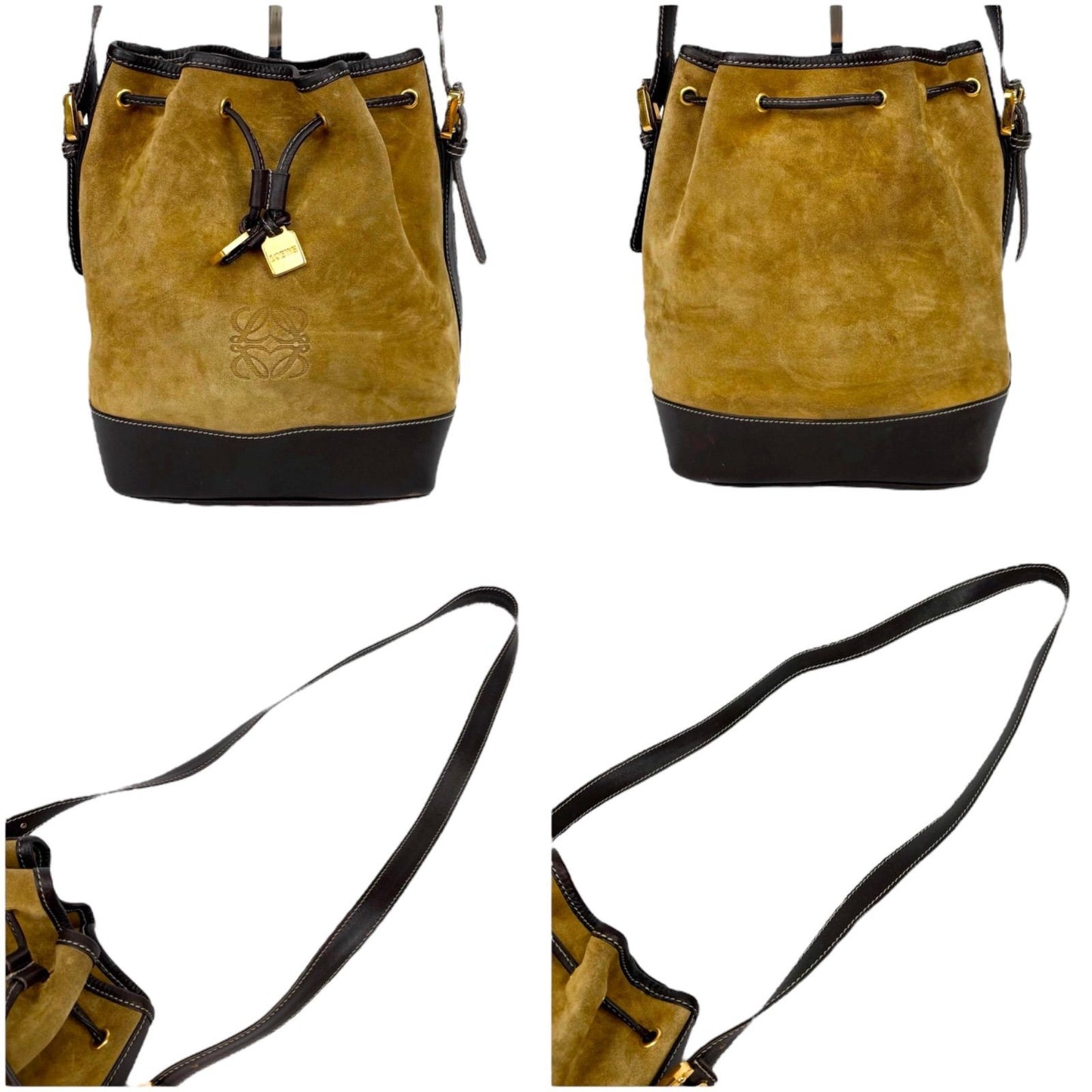 LOEWE Shoulder Bag Purse Anagram Suede Leather Beige Brown Authentic