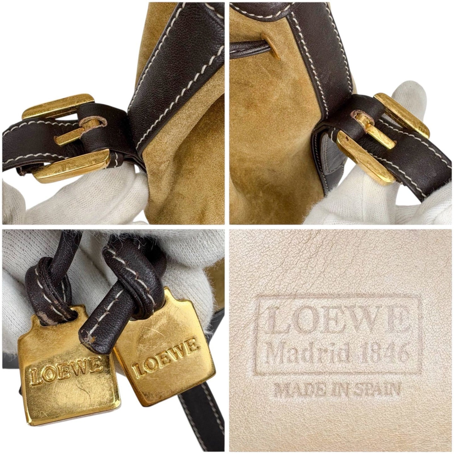 LOEWE Shoulder Bag Purse Anagram Suede Leather Beige Brown Authentic
