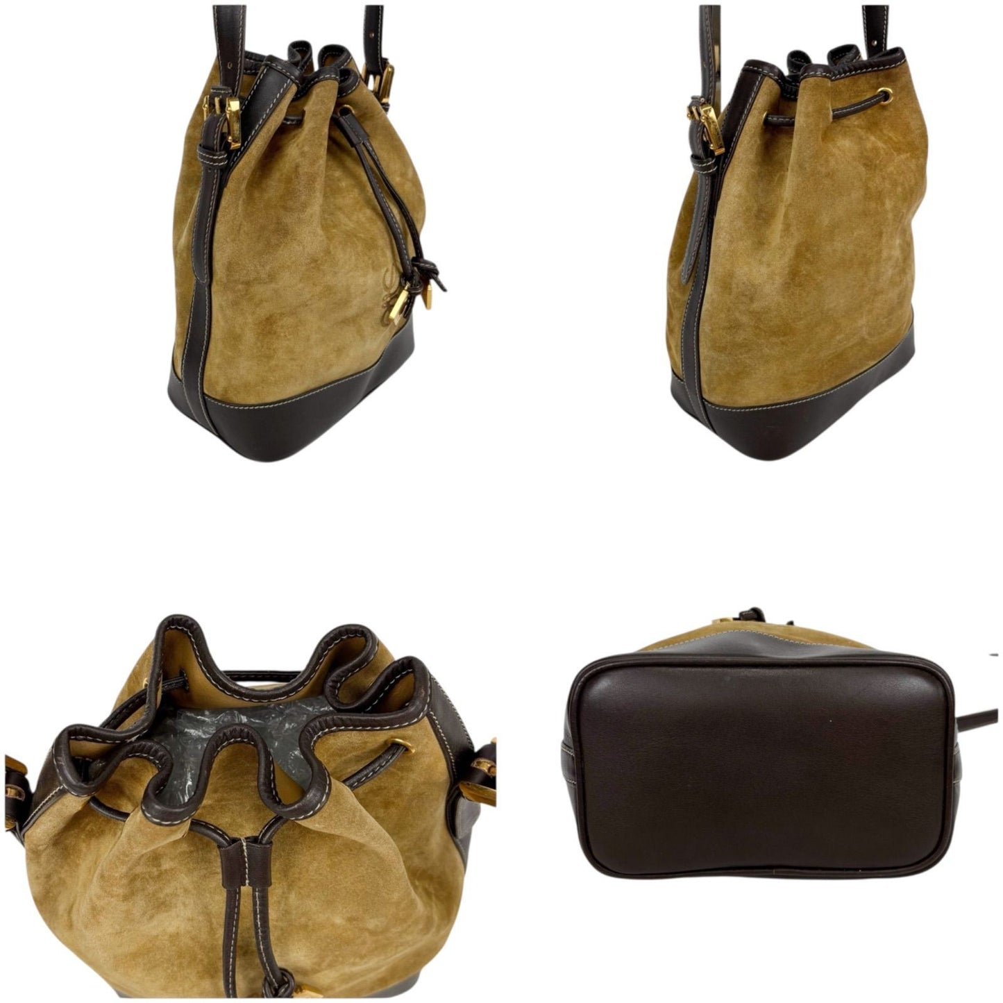LOEWE Shoulder Bag Purse Anagram Suede Leather Beige Brown Authentic