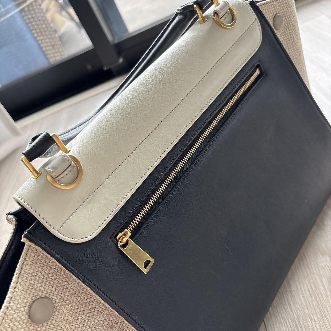 CELINE handbag Purse Trapeze Canvas Leather Navy White Women's Used Authentic