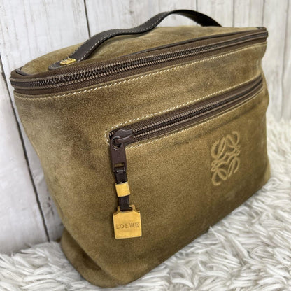LOEWE Hand Bag Tote Purse Vanity Bag Anagram Suede Brown Authentic