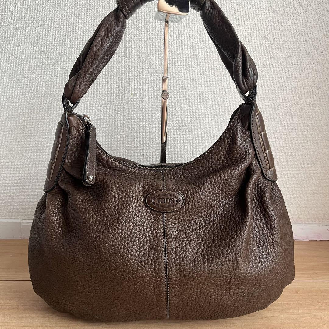 TOD'S Hand Bag Tote Purse Logo Leather Brown Authentic