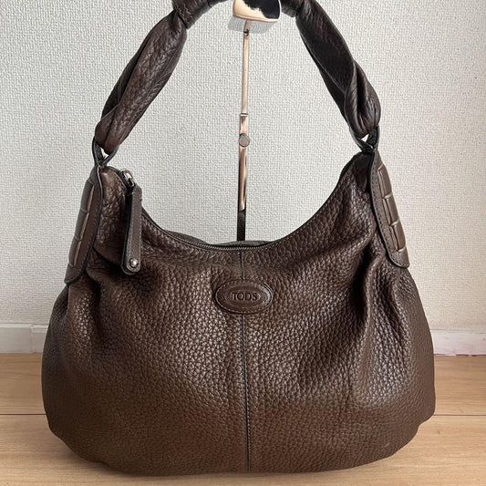TOD'S Hand Bag Tote Purse Logo Leather Brown Authentic