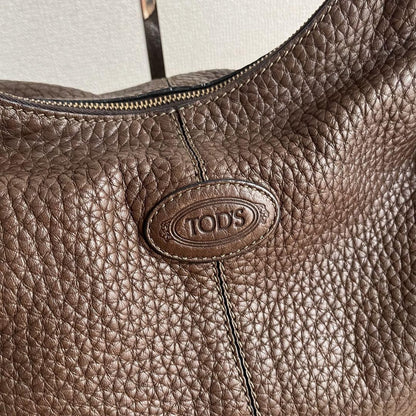TOD'S Hand Bag Tote Purse Logo Leather Brown Authentic
