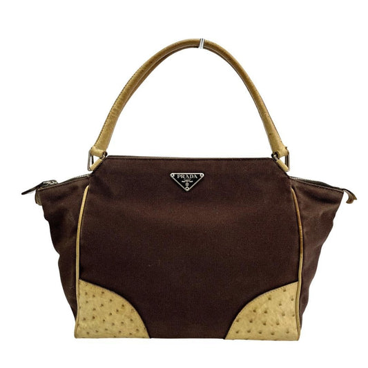 PRADA Hand Bag Tote Purse Logo Leather Canvas Brown Beige Authentic