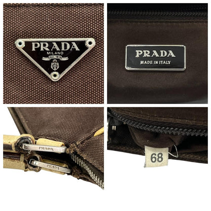 PRADA Hand Bag Tote Purse Logo Leather Canvas Brown Beige Authentic