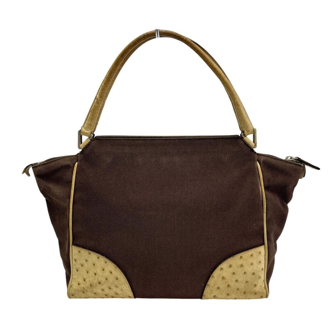 PRADA Hand Bag Tote Purse Logo Leather Canvas Brown Beige Authentic