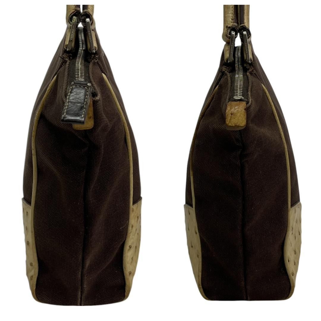 PRADA Hand Bag Tote Purse Logo Leather Canvas Brown Beige Authentic