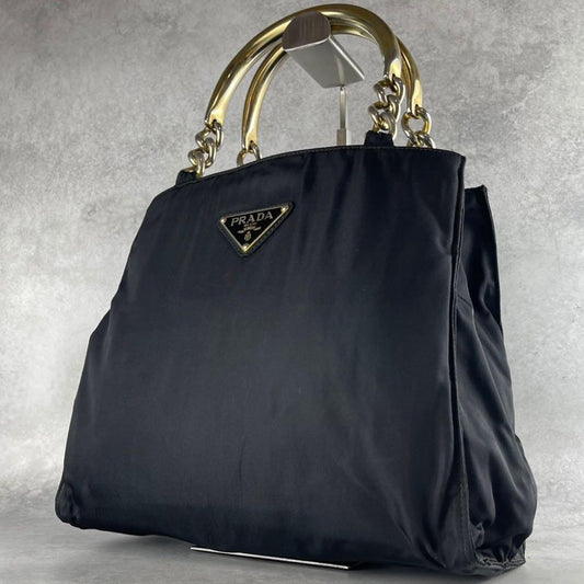 PRADA Hand Bag Tote Purse Logo Nylon Leather Black Gold Authentic