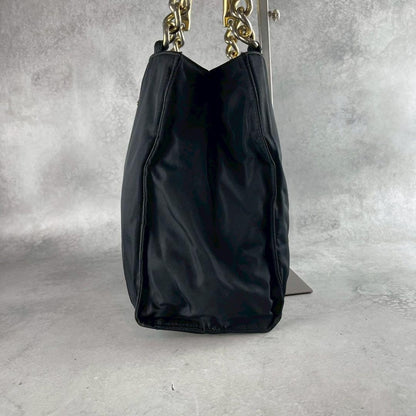 PRADA Hand Bag Tote Purse Logo Nylon Leather Black Gold Authentic