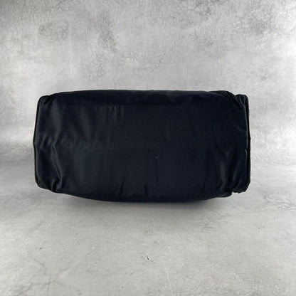 PRADA Hand Bag Tote Purse Logo Nylon Leather Black Gold Authentic