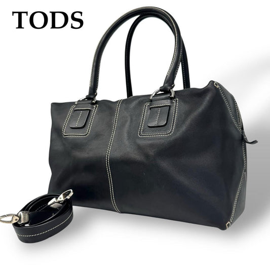 TOD'S Hand Shoulder Bag Tote Purse Mini Boston 2way Leather Black Authentic