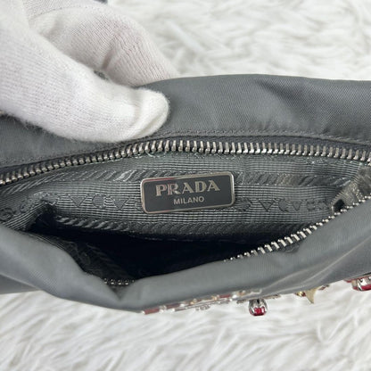 PRADA Accessory Pouch Hand Bag Tote Purse Nylon Leather Gray Authentic