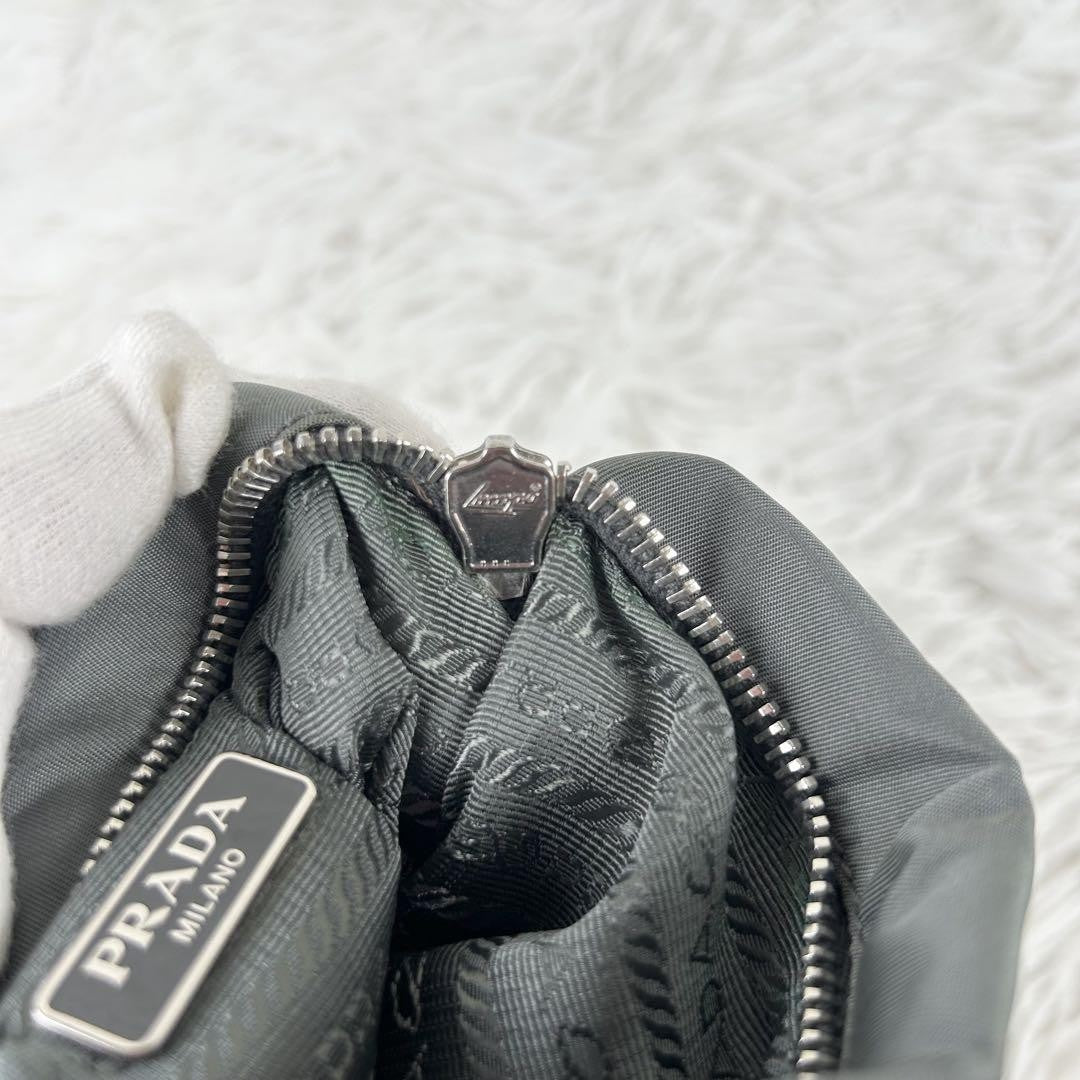 PRADA Accessory Pouch Hand Bag Tote Purse Nylon Leather Gray Authentic