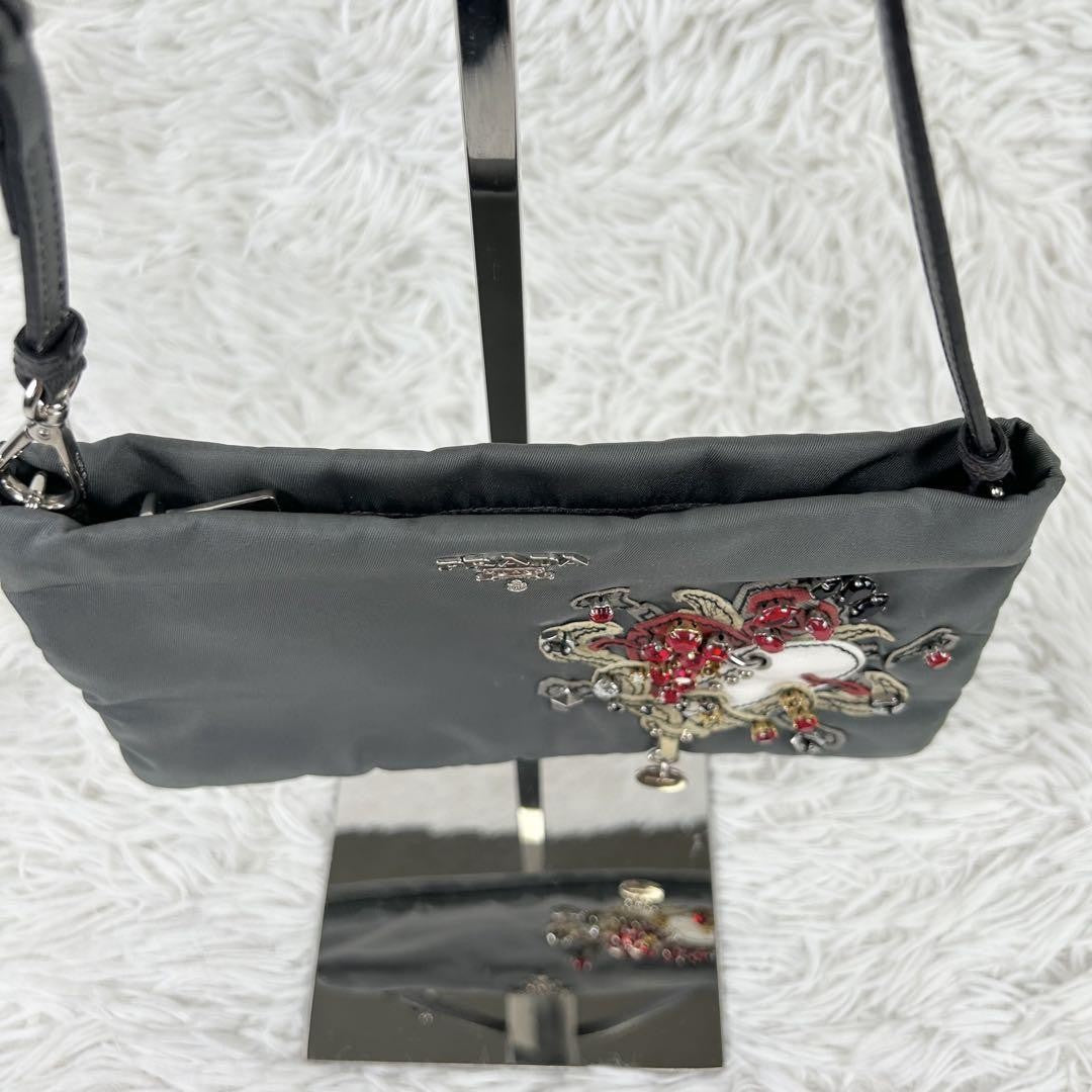 PRADA Accessory Pouch Hand Bag Tote Purse Nylon Leather Gray Authentic