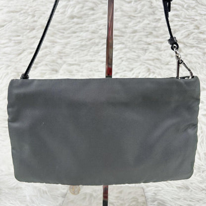 PRADA Accessory Pouch Hand Bag Tote Purse Nylon Leather Gray Authentic