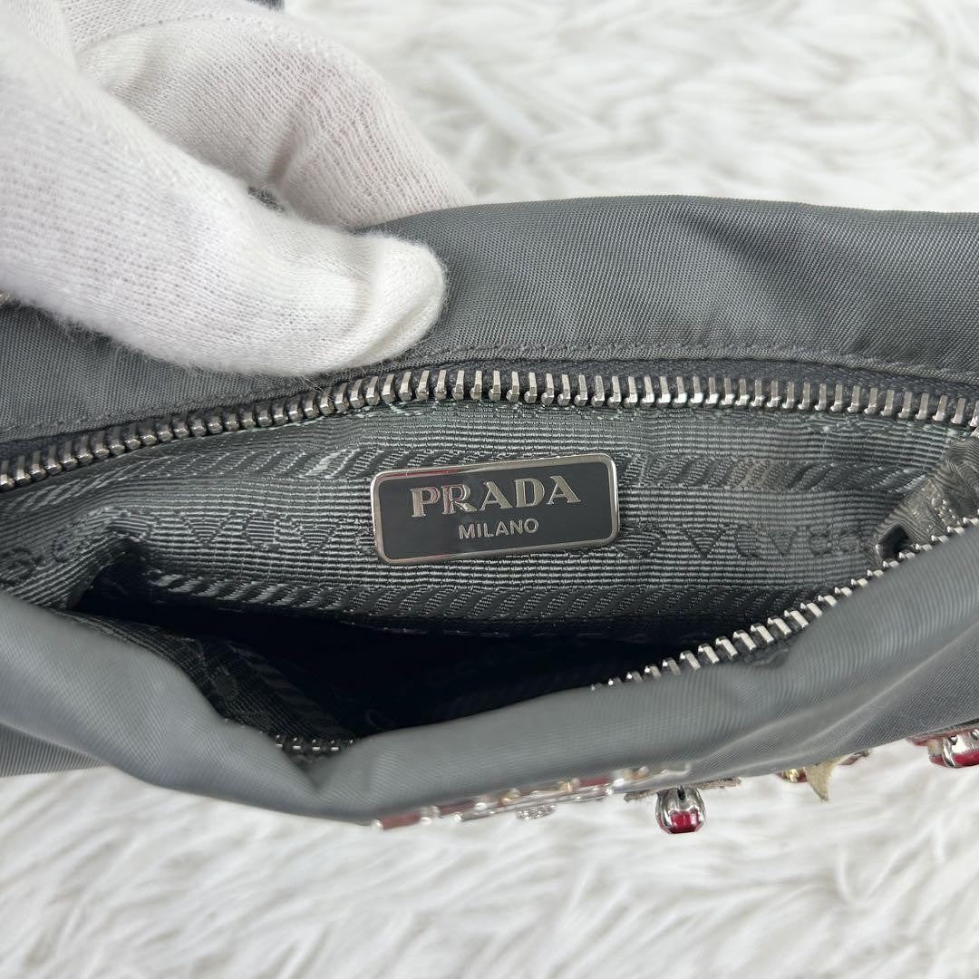 PRADA Accessory Pouch Hand Bag Tote Purse Nylon Leather Gray Authentic