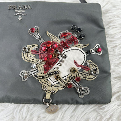 PRADA Accessory Pouch Hand Bag Tote Purse Nylon Leather Gray Authentic