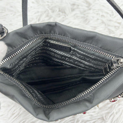 PRADA Accessory Pouch Hand Bag Tote Purse Nylon Leather Gray Authentic