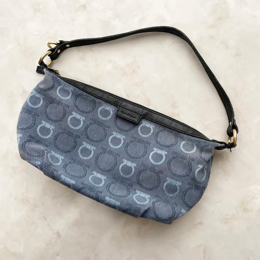 Salvatore Ferragamo Accessory Pouch Shoulder Bag Gancini Canvas Leather Blue