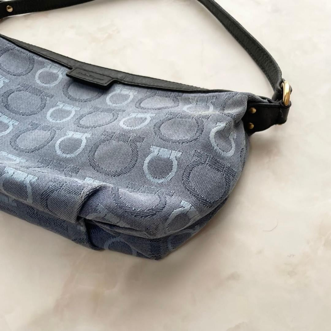 Salvatore Ferragamo Accessory Pouch Shoulder Bag Gancini Canvas Leather Blue