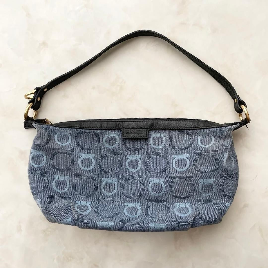 Salvatore Ferragamo Accessory Pouch Shoulder Bag Gancini Canvas Leather Blue