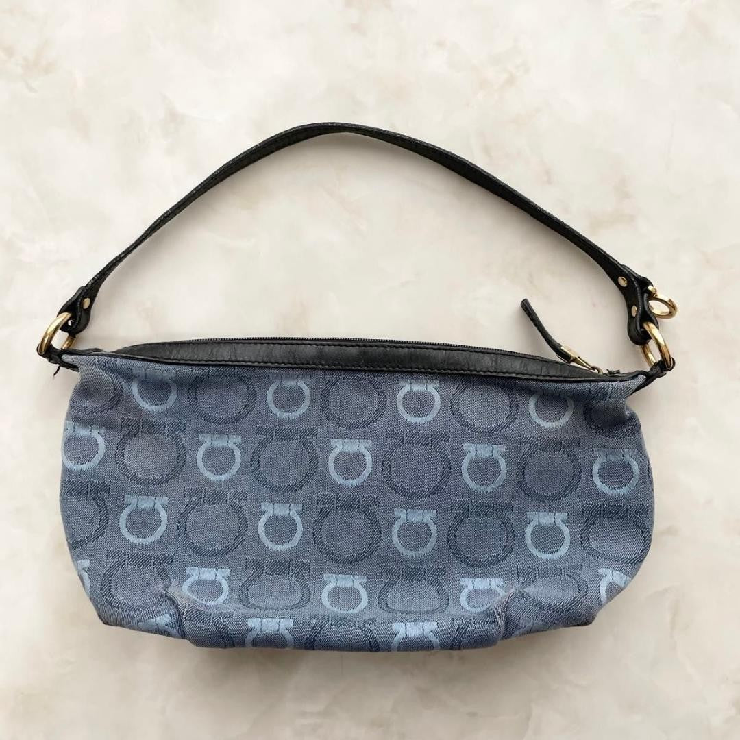Salvatore Ferragamo Accessory Pouch Shoulder Bag Gancini Canvas Leather Blue