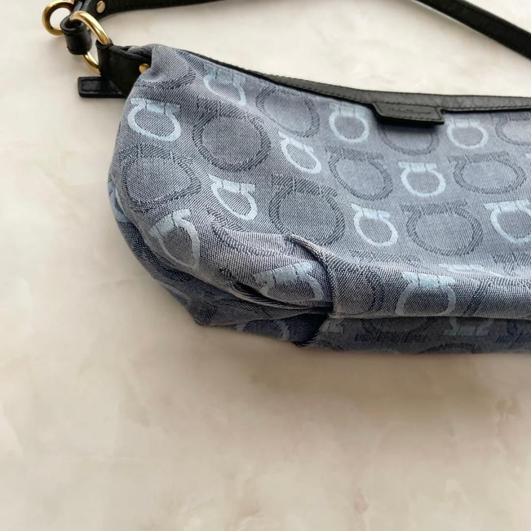 Salvatore Ferragamo Accessory Pouch Shoulder Bag Gancini Canvas Leather Blue