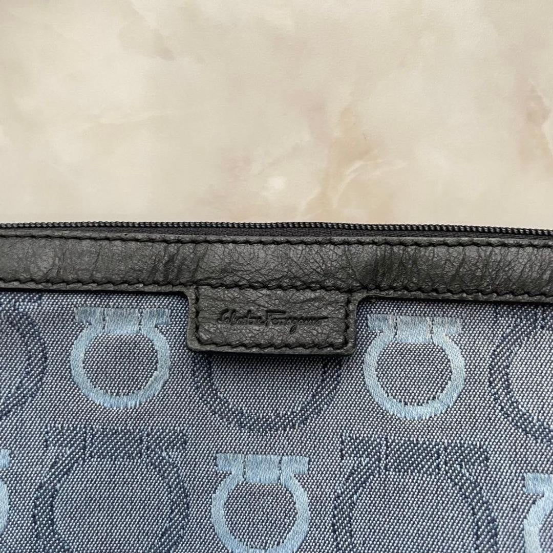 Salvatore Ferragamo Accessory Pouch Shoulder Bag Gancini Canvas Leather Blue