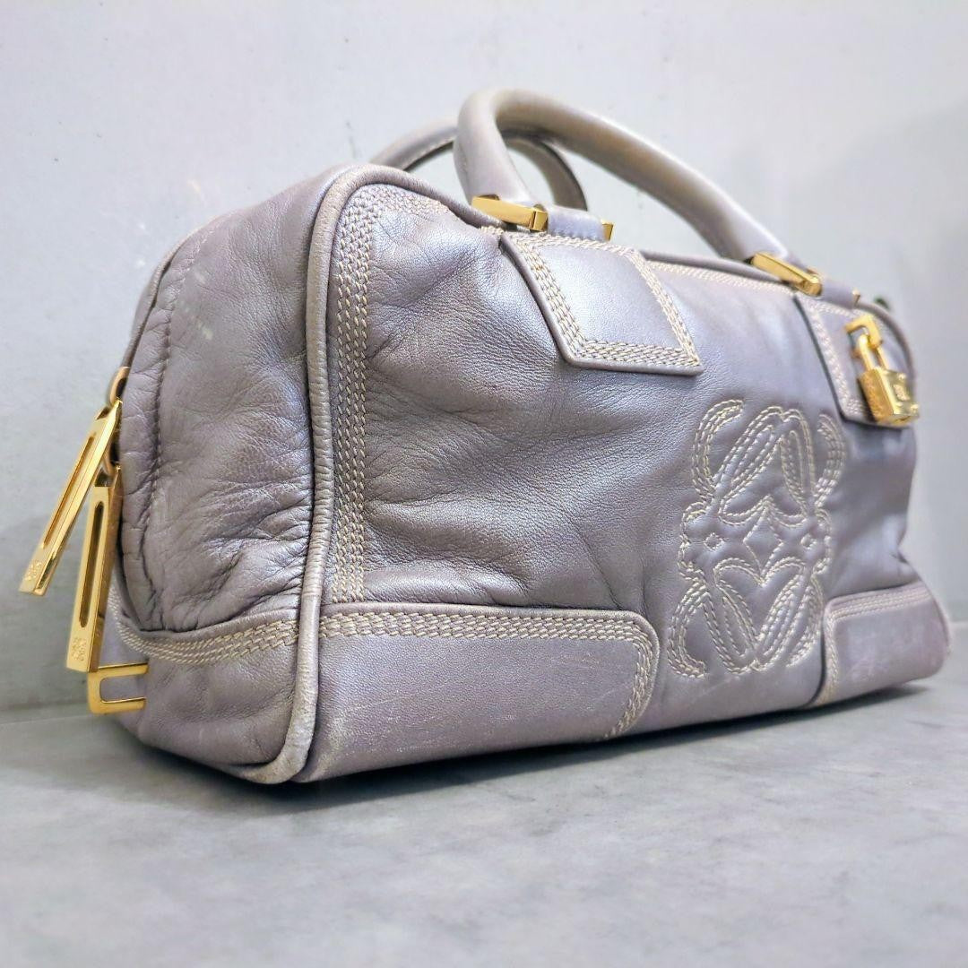 LOEWE Hand Bag Tote Purse Mini Boston Bag Anagram Leather Silver Gray Authentic