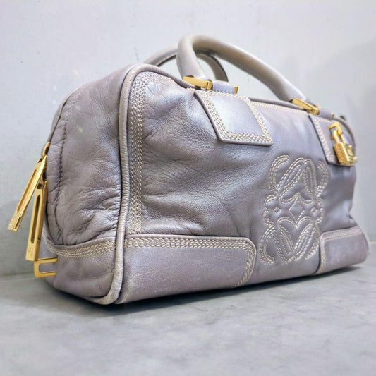 LOEWE Hand Bag Tote Purse Mini Boston Bag Anagram Leather Silver Gray Authentic