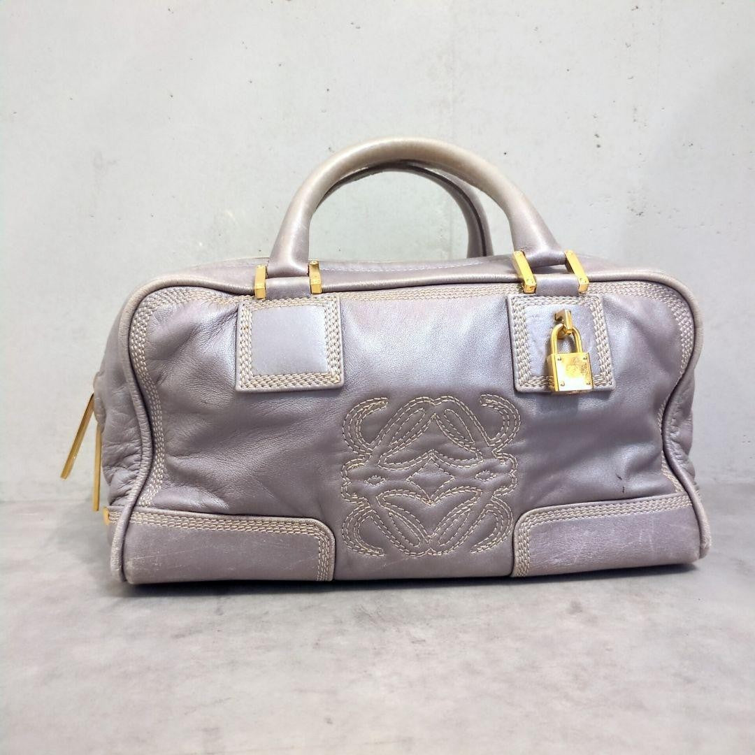 LOEWE Hand Bag Tote Purse Mini Boston Bag Anagram Leather Silver Gray Authentic