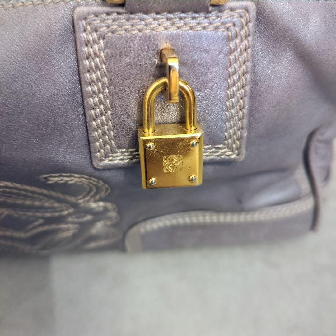 LOEWE Hand Bag Tote Purse Mini Boston Bag Anagram Leather Silver Gray Authentic