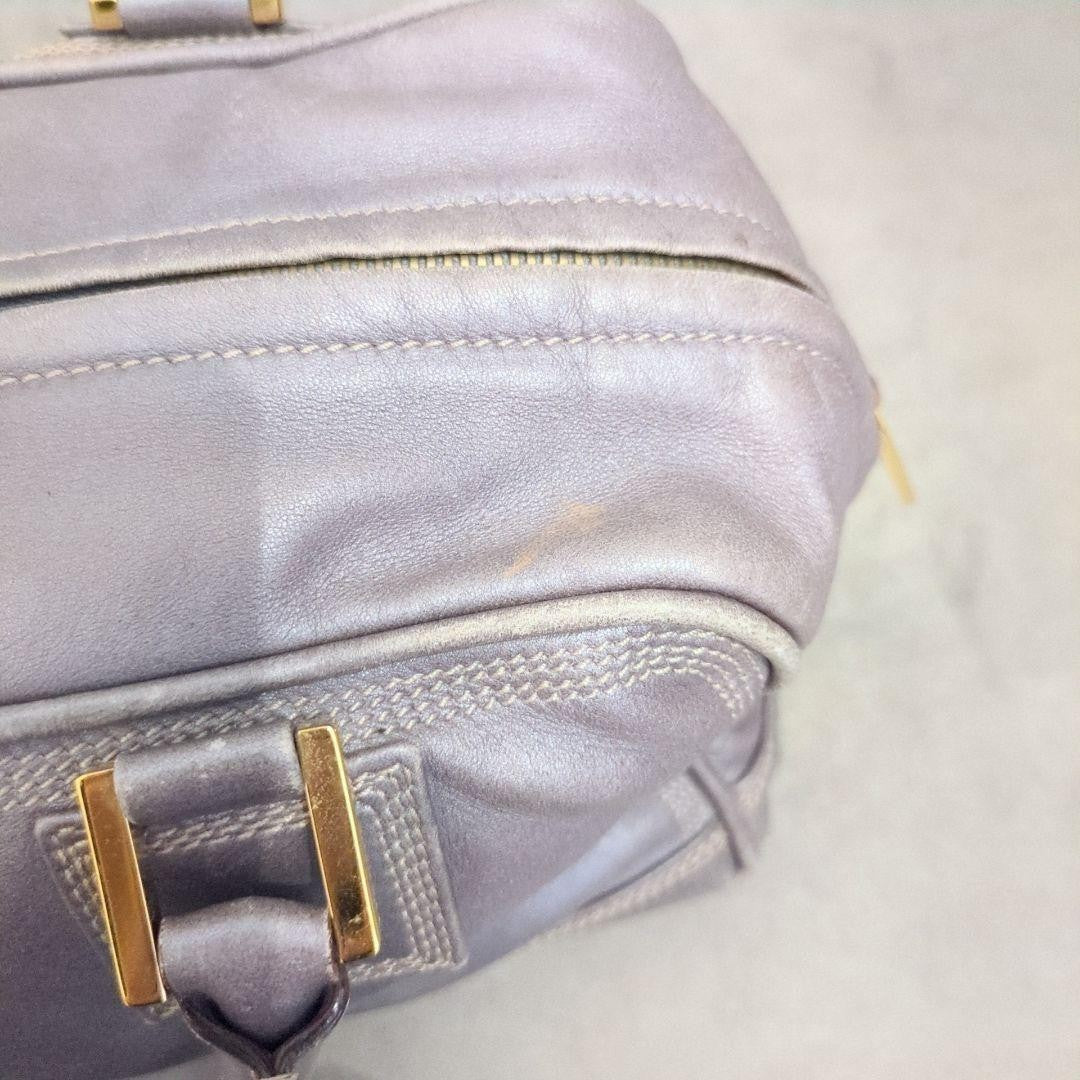 LOEWE Hand Bag Tote Purse Mini Boston Bag Anagram Leather Silver Gray Authentic