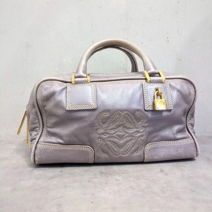 LOEWE Hand Bag Tote Purse Mini Boston Bag Anagram Leather Silver Gray Authentic