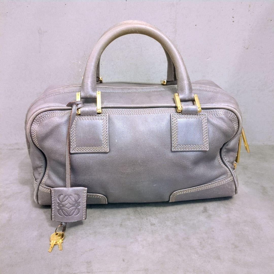 LOEWE Hand Bag Tote Purse Mini Boston Bag Anagram Leather Silver Gray Authentic