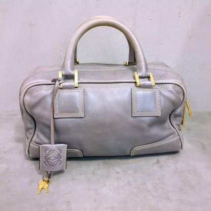 LOEWE Hand Bag Tote Purse Mini Boston Bag Anagram Leather Silver Gray Authentic